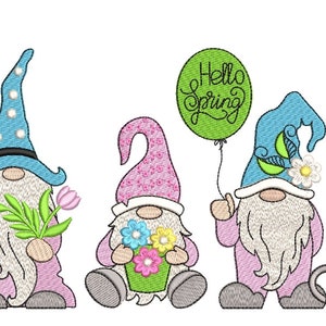 Spring gnomes embroidery design, 3 sizes.