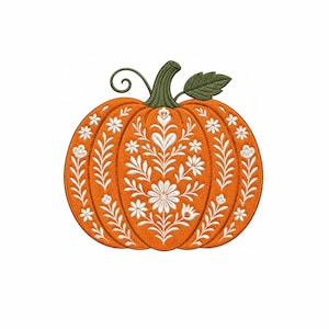 May include: An orange pumpkin embroidery design featuring intricate white floral patterns stitched onto each segment. The pumpkin has a dark green stem with a single curled vine and one green leaf extending from the top of the vegetable shape.