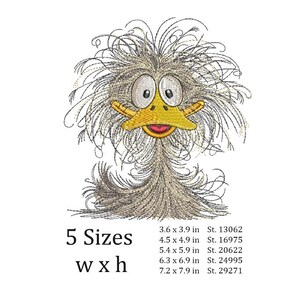 May include: Embroidered design of a cartoon ostrich with a yellow beak and large eyes. The design is available in 5 sizes, ranging from 3.6 x 3.9 inches to 7.2 x 7.9 inches.
