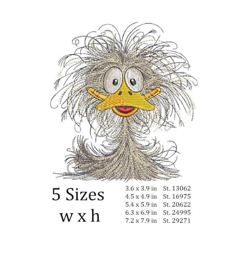 May include: Embroidered design of a cartoon ostrich with a yellow beak and large eyes. The design is available in 5 sizes, ranging from 3.6 x 3.9 inches to 7.2 x 7.9 inches.