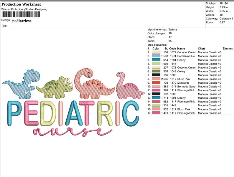 Puede incluir: Un dise&ntilde;o de bordado con dinosaurios coloridos sobre las palabras "PEDIATRIC NURSE". El dise&ntilde;o incluye un dinosaurio azul, un dinosaurio verde, un dinosaurio rosa y un dinosaurio rosa claro. El texto est&aacute; en varios colores, incluyendo rosa, azul y amarillo.