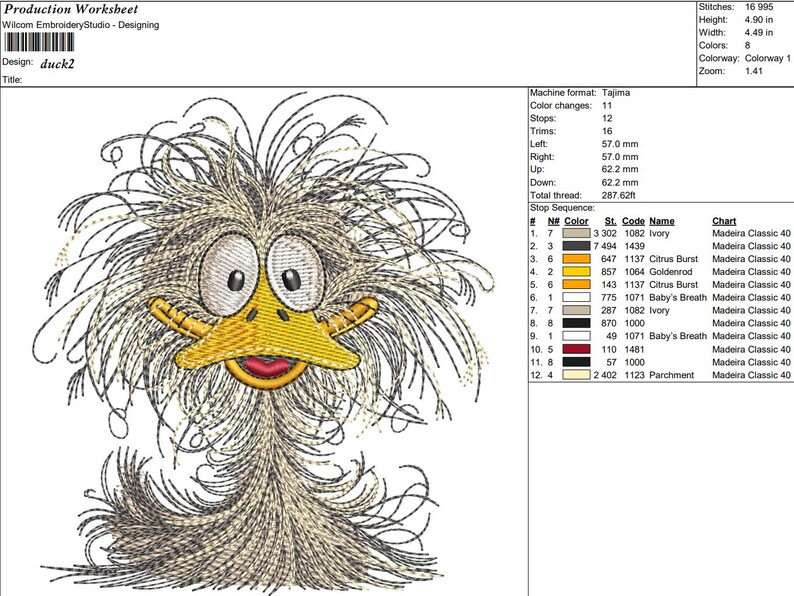 May include: A digital embroidery design of a cartoon duck with a messy, fluffy head. The design is called "duck2" and is for use with a Tajima embroidery machine. The design uses 8 colors and is 4.90 inches tall and 4.49 inches wide.