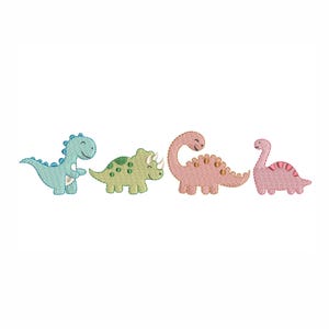 May include: Four embroidered dinosaur designs in pastel colours. The dinosaurs include a teal blue dinosaur, a green dinosaur, a pink dinosaur with a long neck, and a pink dinosaur with a short neck.