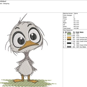 May include: An embroidered design of a cartoon duck with large eyes and a slightly worried expression. The duck is primarily gray with a yellow beak and feet, and is standing on a patch of green. The design is labeled "duck2".