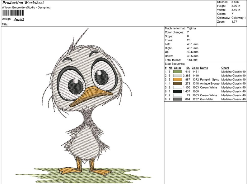 May include: An embroidered design of a cartoon duck with large eyes and a slightly worried expression. The duck is primarily gray with a yellow beak and feet, and is standing on a patch of green. The design is labeled "duck2".