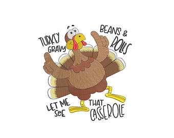 May include: A cartoon turkey with a red wattle and yellow legs is dancing. The turkey is surrounded by text that says "Turkey Gravy", "Beans & Rolls", "Let Me See", and "That Casserole".