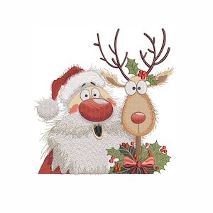 May include: Embroidered Christmas design featuring Santa Claus and a reindeer. Santa wears a red hat and has a large red nose. The reindeer has antlers and is decorated with holly and a red bow. The design is on a white background.