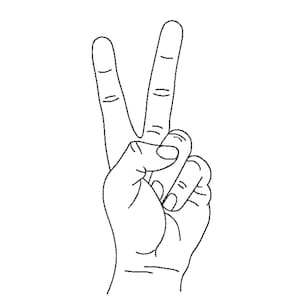 May include: A black and white line drawing of a hand making the peace sign.