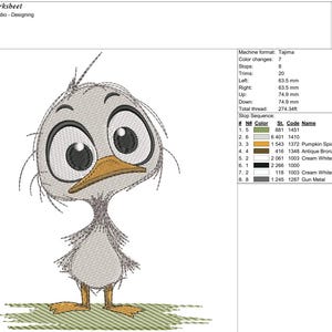 May include: An embroidered design of a cartoon duckling with large eyes and a yellow beak. The duckling is primarily gray with yellow feet and is standing on a patch of green. The design is labeled "duck4". The height is 5.90 inches and the width is 5.00 inches.