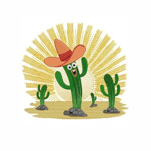 May include: A whimsical embroidered design featuring a smiling green cactus wearing an orange sombrero. The cactus is surrounded by smaller cacti and a yellow sunburst background, all set on a sandy base.