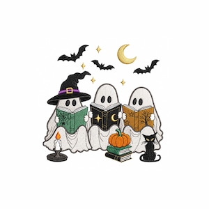 May include: An embroidery design featuring three white ghosts reading books. One ghost wears a black witch hat with a purple band. The scene includes a yellow crescent moon, gold stars, black bats, a lit candle, a stack of books, a pumpkin, and a black cat.