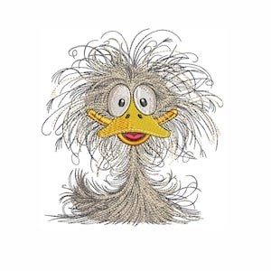 May include: A cartoon illustration of a gray and white ostrich with a yellow beak and large, round eyes. The ostrich has a messy, fluffy head of feathers.
