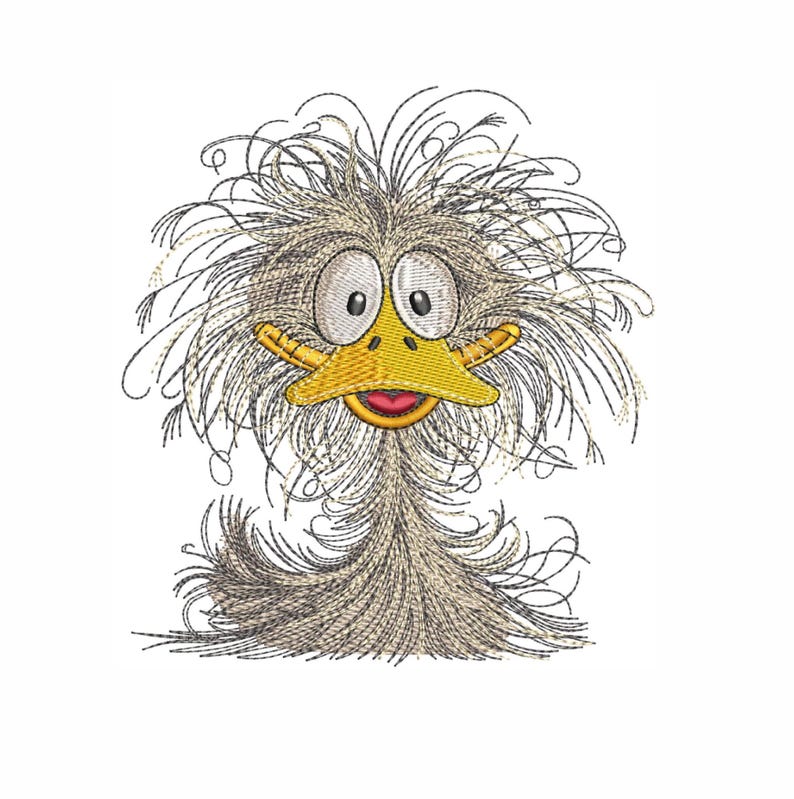 May include: A cartoon illustration of a gray and white ostrich with a yellow beak and large, round eyes. The ostrich has a messy, fluffy head of feathers.