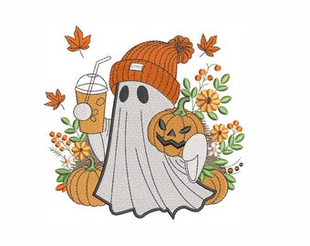 Spooky Ghost Machine Embroidery Design: Halloween Pumpkin (Instant Download)