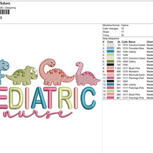 Puede incluir: Un dise&ntilde;o de bordado con cuatro dinosaurios coloridos sobre las palabras "PEDIATRIC NURSE". El texto y los dinosaurios son en tonos rosa, azul, verde y amarillo. El dise&ntilde;o es para bordar.