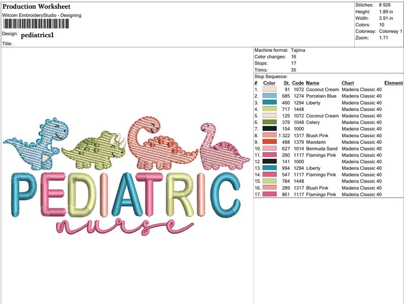 Puede incluir: Un dise&ntilde;o de bordado con cuatro dinosaurios coloridos sobre las palabras "PEDIATRIC NURSE". El texto y los dinosaurios son en tonos rosa, azul, verde y amarillo. El dise&ntilde;o es para bordar.
