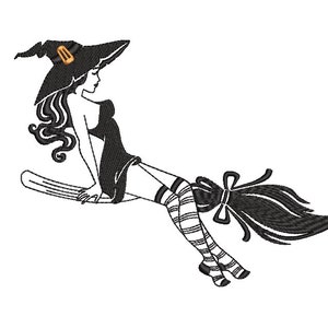 Sexy witch embroidery design, Witch on a broomstick embroidery, 4 sizes, instant download.