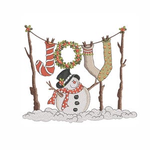 May include: A whimsical Christmas-themed illustration featuring a snowman with a black top hat and a red polka-dot scarf. Above the snowman, a clothesline displays a red and white striped sock, a green wreath, and a tan sock with green dots. The word "JOY" is spelled out.