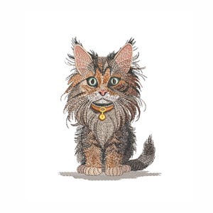 Może przedstawiać: Brązowy i szary kot pręgowany z złotym kołnierzem i dzwonkiem siedzący na białym tle.