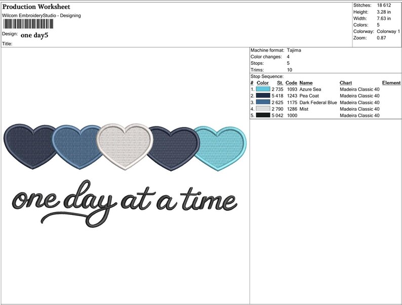 K&ouml;nnte beinhalten: Ein Stickdesign mit f&uuml;nf Herzen in Blau- und Wei&szlig;t&ouml;nen und dem Schriftzug "one day at a time". Das Design ist 19,38 cm breit und 8,33 cm hoch. Geeignet f&uuml;r Maschinenstickerei.