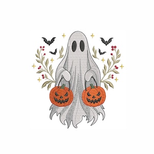 May include: An embroidery design featuring a white ghost with black eyes holding two orange jack-o'-lantern pumpkins. The ghost is surrounded by leafy branches with red berries, small black bats, and yellow four-pointed stars on a white background.