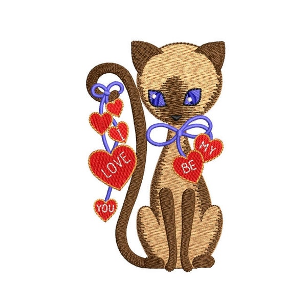 Siamese kitten with hearts machine embroidery design ,love embroidery, 5 sizes, digital instant download.