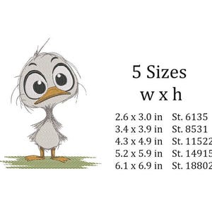 May include: An embroidered design of a cartoon chick with large eyes and an orange beak. The chick is light gray with a small body and thin legs. The image includes text indicating five size options, ranging from 2.6 x 3.0 inches to 6.1 x 6.9 inches.
