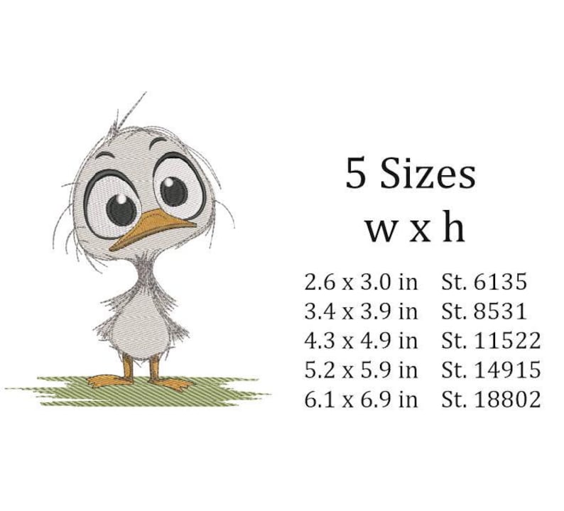 May include: An embroidered design of a cartoon chick with large eyes and an orange beak. The chick is light gray with a small body and thin legs. The image includes text indicating five size options, ranging from 2.6 x 3.0 inches to 6.1 x 6.9 inches.