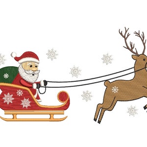 Kerstman slee met rendieren borduurontwerp, kerstborduurontwerp, 4 maten, direct downloaden.
