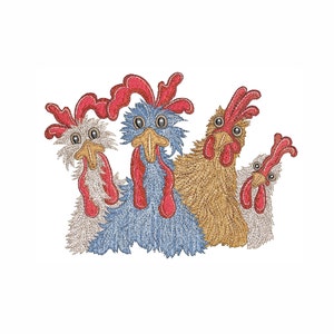 Pode incluir: Quatro galinhas de desenho animado com penas vermelhas, brancas e azuis. As galinhas estão olhando para o espectador com o bico aberto.