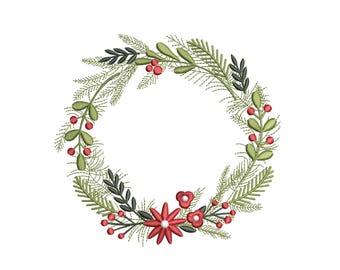 May include: A green and red Christmas wreath with red berries and flowers. The wreath is made of pine branches and has a simple, elegant design.