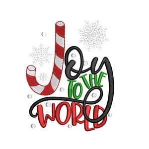 May include: A red and white candy cane with a black and green cursive script that says "Joy to the World". The background is white with white snowflakes and dots.