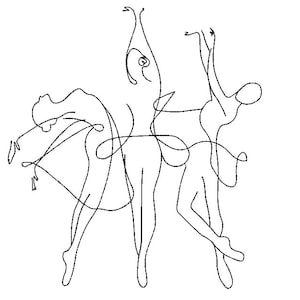 May include: Line drawing of three dancers in a contemporary style, with their bodies intertwined in a flowing, graceful pose.