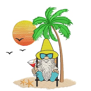 Beach gnome embroidery design, Gnome on vacation, 5 sizes, instant download.