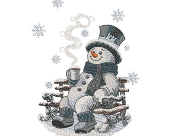 Snowman with a cup of coffee Machine Embroidery Design , winter embroidery, 5 sizes, instant download.
