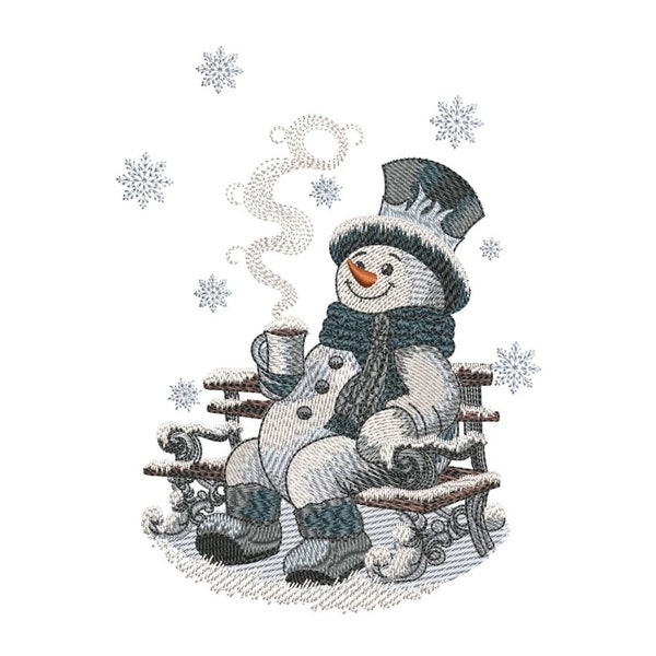 Bonhomme de neige avec une tasse de café, motif de broderie Machine, broderie d'hiver, 5 tailles, téléchargement immédiat.