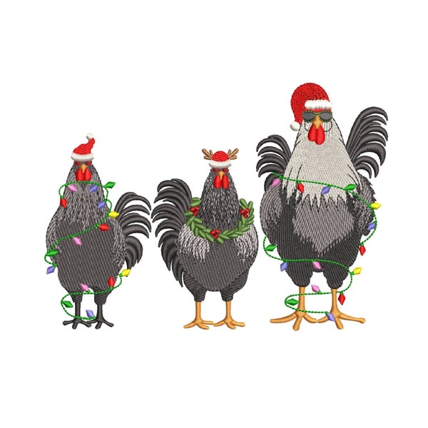 Motif de broderie poulet avec lumières de Noël, motif de broderie poulets de Noël, fichiers de broderie Machine poulet de Thanksgiving, 4 tailles.