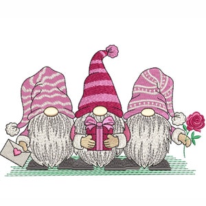 Diseño de bordado de gnomos del Día de San Valentín, archivo de bordado de amor, 4 tamaños, descarga digital.