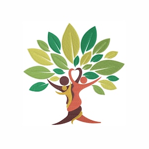 May include: An embroidered design of a tree with a heart-shaped top and figures embracing the trunk. The tree features green and yellow leaves, with the figures in shades of brown, orange, and yellow. The design is on a white background.