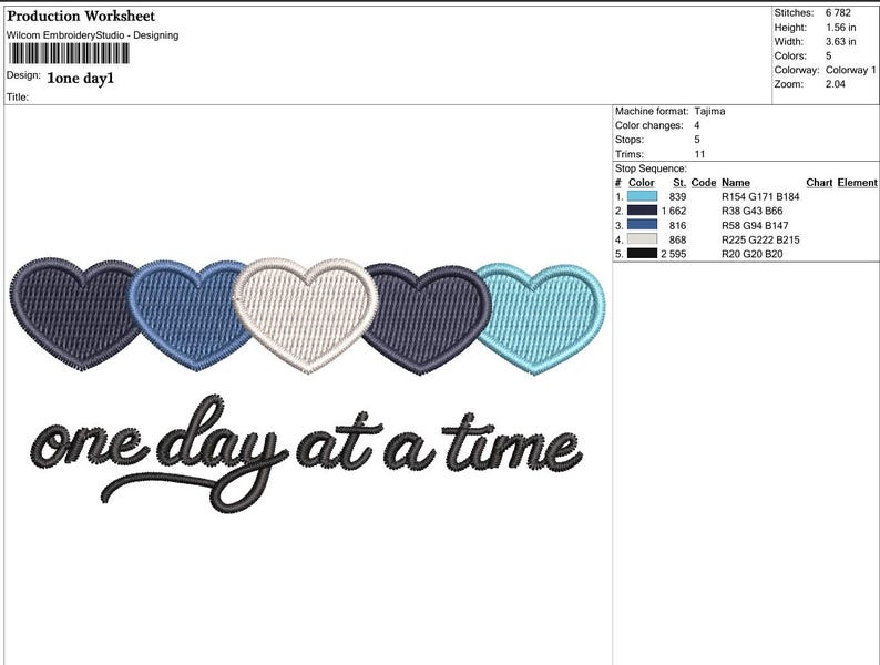 K&ouml;nnte beinhalten: Ein Stickdesign mit f&uuml;nf Herzen in Blau- und Wei&szlig;t&ouml;nen, &uuml;ber dem Satz "one day at a time" in Schreibschrift. Das Design ist 9,22 cm breit und 3,96 cm hoch. Der Text "one day at a time" ist enthalten.