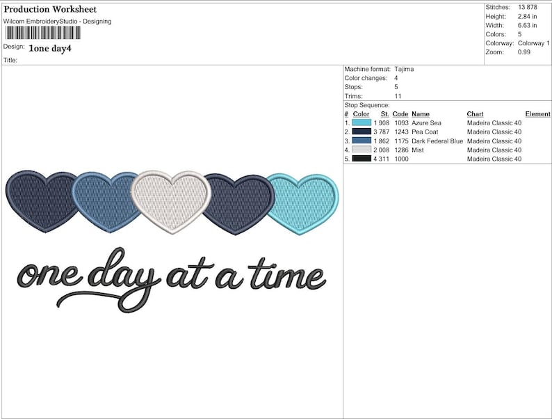 K&ouml;nnte beinhalten: Ein Stickdesign mit f&uuml;nf Herzformen in Blau- und Wei&szlig;t&ouml;nen, mit dem Schriftzug "one day at a time" in Schreibschrift. Das Design ist f&uuml;r die Maschinenstickerei bestimmt.