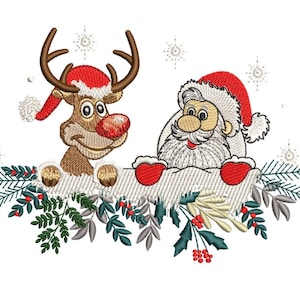 Santa and Deer Christmas Embroidery Design (Instant Download)