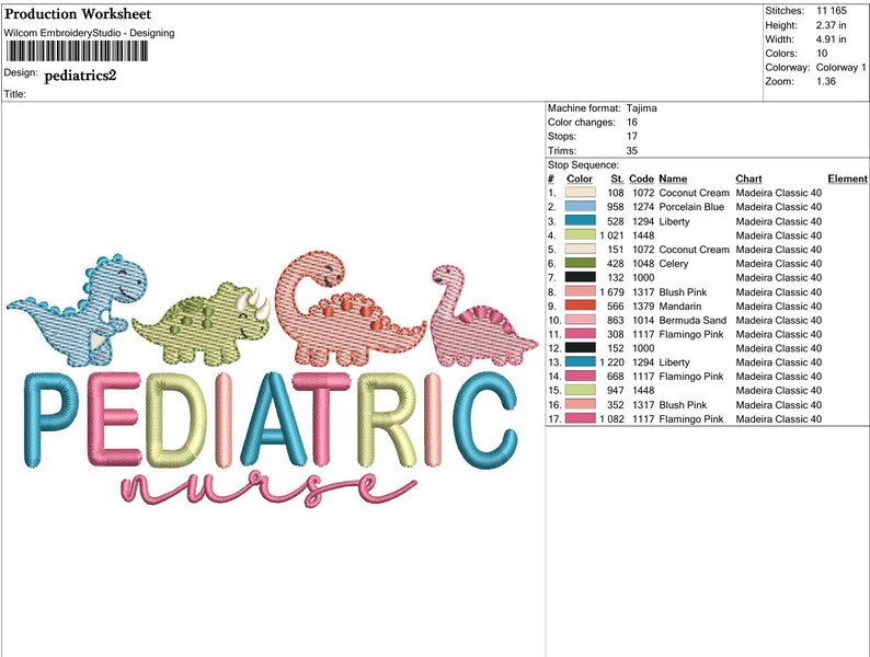 Puede incluir: Un dise&ntilde;o de bordado con cuatro dinosaurios coloridos sobre la palabra "PEDIATRIC" en azul, rosa y amarillo, con "nurse" en escritura rosa debajo. El dise&ntilde;o est&aacute; destinado al bordado a m&aacute;quina.