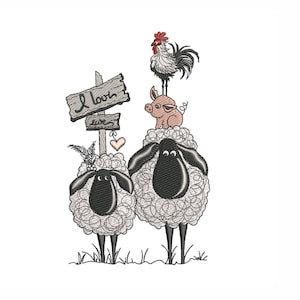Farm animals embroidery design, Sheep, rooster and pig embroidery design , 6 sizes.