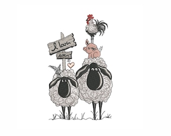 Farm Animals Embroidery Design: Sheep, Rooster, Pig (6 Sizes)