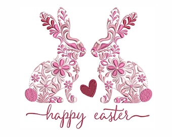 Floral Bunnies Machine Embroidery Design: Easter Decor (5 Sizes) (Instant Download)