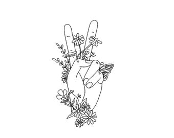 Peace Fingers Schild mit Blumen Maschinenstickerei Design, 4 Größen.