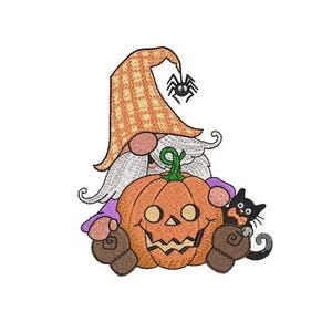 Halloween Gnome Embroidery Design – Pumpkin, Cat & Spider – 3 Sizes, 10 Colors, Instant Download.