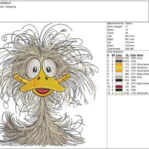 May include: Embroidered design of a cartoon duck with a yellow beak and red mouth. The duck has a gray and white fluffy head and a gray body. The design is titled "duck3".