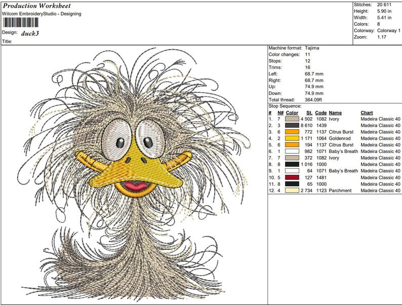 May include: Embroidered design of a cartoon duck with a yellow beak and red mouth. The duck has a gray and white fluffy head and a gray body. The design is titled "duck3".